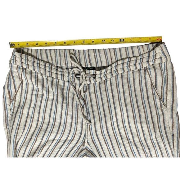 For Cynthia Linen Blend White Blue Tan Striped Pants Large Drawstring Pockets - Picture 8 of 10